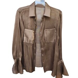 Dazy Womens Sheer Shimmer brown button front feminine whimsygoth blouse Sz Lg